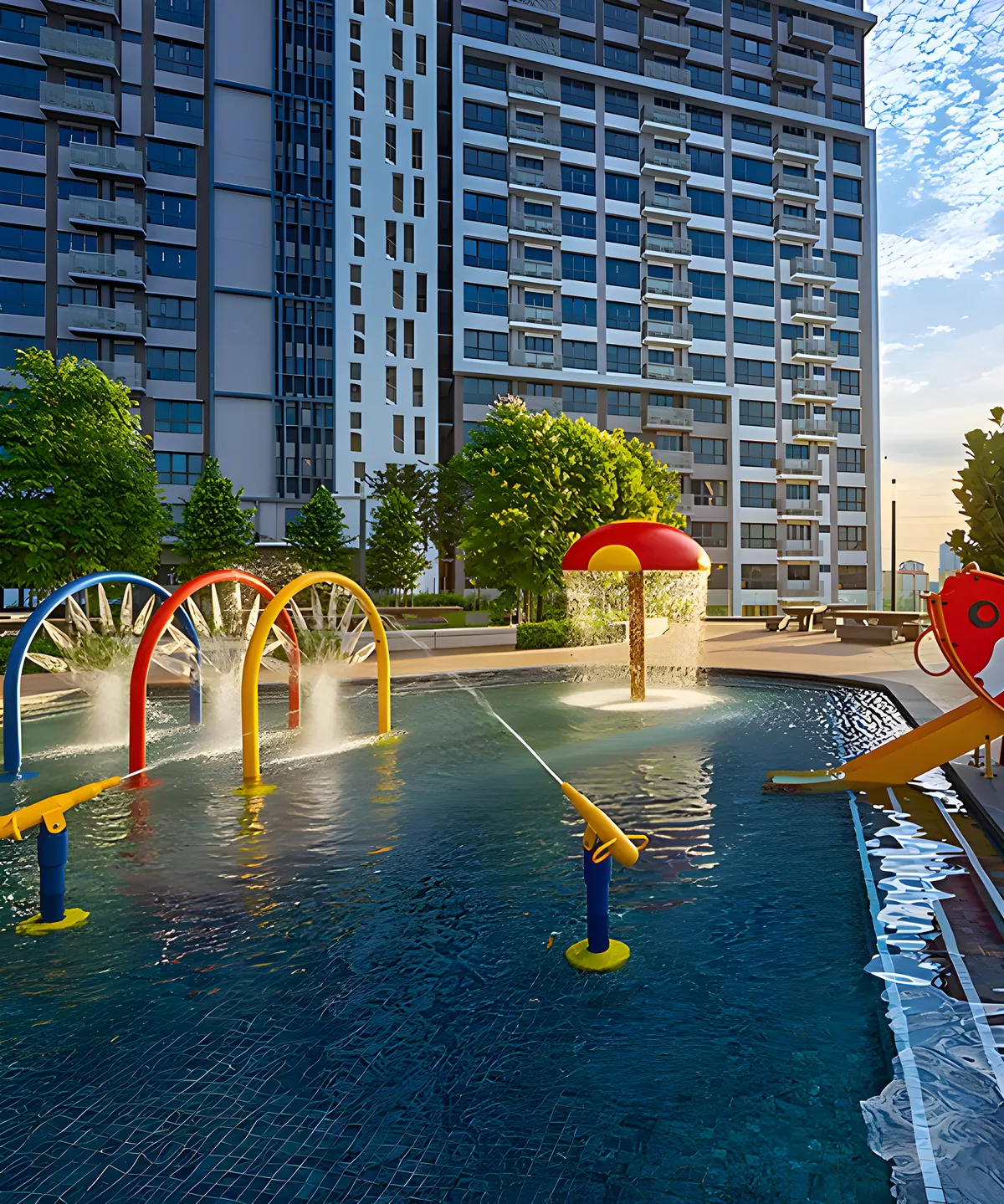 The residence water-play pool at golden hour: rainbow arches, a mushroom fountain, water jets and a fish slide